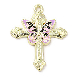 Lilac Light Gold Plated Alloy Enamel Pendants, Cross with Butterfly Charm, Lilac, 30x24x2mm, Hole: 1.6mm
