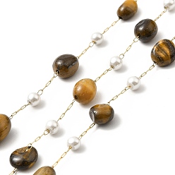 Tiger Eye Ion Plating(IP) 316 Surgical Stainless Steel Paperclip Chains, with Natural Tiger Eye Nuggets Beads and Glass Beads, Soldered, Real 18K Gold Plated, with Spool, Link: 2.5x1x0.5mm