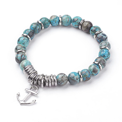 Jasper Natural Ocean Jasper Charm Bracelets, with Alloy Anchor Pendants and CCB Plastic Beads, Platinum, 2-1/8 inch(53mm)