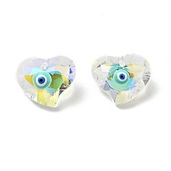 Aquamarine Transparent Glass Beads, with Enamel, Faceted, Heart with Evil Eye Pattern, Aquamarine, 15.5x18.5x10mm, Hole: 1.6mm
