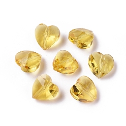 Oro Perlas de vidrio transparentes, facetados, corazón, oro, 10x10x7 mm, agujero: 1~1.2 mm