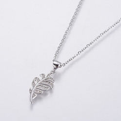 Stainless Steel Color Stainless Steel Pendant Necklaces, with Brass Micro Pave Cubic Zirconia Pendants, Leaf, Stainless Steel Color, 17.32 inch(44cm), Pendant: 21.5x10.3x2mm