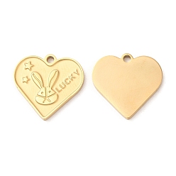Real 18K Gold Plated Ion Plating(IP) 316L Surgical Stainless Steel Pendants, Textured, Heart with Rabbit & Word Lucky Charms, Real 18K Gold Plated, 14x15x1mm, Hole: 1.4mm