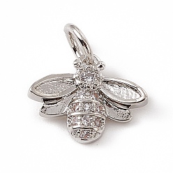 Platinum Brass Micro Pave Cubic Zirconia Charms, with Jump Ring, Bees Charm, Platinum, 10x12x2.5mm, Hole: 3mm