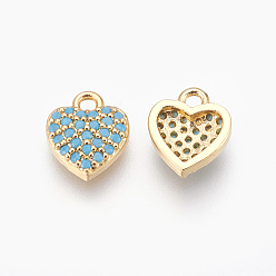 Golden Brass Micro Pave Cubic Zirconia Charms, Heart, Sky Blue, Golden, 9.5x8x2.5mm, Hole: 1.4mm