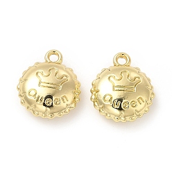 Light Gold Rack Plating Alloy Charms, Cadmium Free & Lead Free, Flat Round with Crown & Word Queen, Light Gold, 13x11x5mm, Hole: 1.4mm