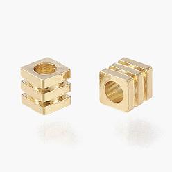 Настоящее золото 18K Spacer бисер латунные, долговечный, рифленый куб, реальный 18 k позолоченный, 2.5x2.5x2.25 мм, отверстие : 1.6 мм