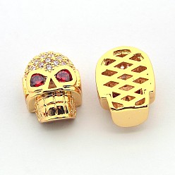 Golden Fashionable Brass Micro Pave Cubic Zirconia Skull Hollow Beads, Cadmium Free & Nickel Free & Lead Free, Golden, 13x10x7mm, Hole: 2mm