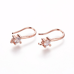 Rose Gold Brass Micro Pave Cubic Zirconia Earring Hooks, with Horizontal Loop, Clear, Rose Gold, 19x4.5x9.5mm, Hole: 1.2mm, 20 Gauge, Pin: 0.8mm