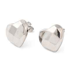 Platinum Brass Faceted Heart Stud Earrings for Women, Platinum, 14x15mm
