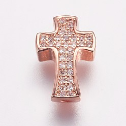 Rose Gold Brass Micro Pave Cubic Zirconia Beads, Cross, Rose Gold, 14x9x4mm, Hole: 1.5mm
