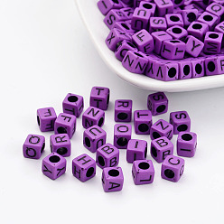 Medium Orchid Mixed Letters Opaque Acrylic Cube Beads, Horizontal Hole, Medium Orchid, 6x6x6mm, Hole: 3mm, about 3100pcs/500g
