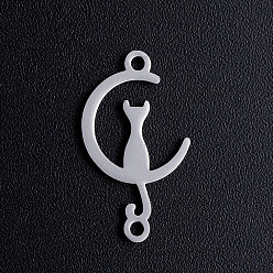 Stainless Steel Color 201 Stainless Steel Kitten Links connectors, Crescent Moon with Cat Shape, Stainless Steel Color, 19x11x1mm, Hole: 1.2mm