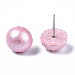 Pearl Pink Pearlized Half Round Schima Wood Earrings for Girl Women, Stud Earrings with 316 Surgical Stainless Steel Pins, Pearl Pink, 11x4.5mm, Pin: 0.7mm