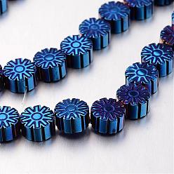 Blue Plated Electroplate Non-magnetic Synthetic Hematite Bead Strands, Snowflake, Blue Plated, 6x3mm, Hole: 1mm, about 62pcs/strand, 15.7 inch