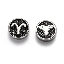Aries 304 Stainless Steel Beads, Flat Round with Twelve Constellations, Antique Silver, Aries, 10x4mm, Hole: 1.8mm