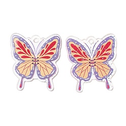 Cerise Transparent Acrylic Pendants, with Glitter Powder, Butterfly, Colorful, 37.5x33.5x1.5mm, Hole: 2.8mm