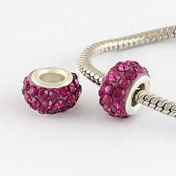 Rose Argile polymère note une rondelle en strass perles européennes, à double noyau laiton couleur argent, Perles avec un grand trou   , rose, 12x7mm, Trou: 5mm