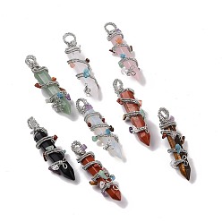 Mixed Stone Natural & Synthetic Gemstone Pointed Big Pendants, with Platinum Plated Rack Plating Brass Findings and Mixed Stone Chip Beads, Cadmium Free & Lead Free, Faceted, Bullet Charm, Mixed Dyed and Undyed, 64~68x16~17x16~17mm, Hole: 7.5mm