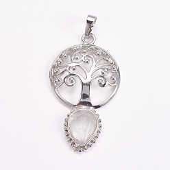 Quartz Crystal Brass Pendants, Natural Quartz Crystal, Faceted, Hollow Flat Round with Tree of Life and Teardrop, Platinum, 49x27x6mm