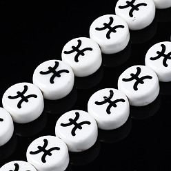 Pisces Handmade Porcelain Ceramic Beads Strands, Printed, Flat Round with Constellation, Pisces, 10~11x5mm, Hole: 2mm, about 30pcs/strand, 11.81 inches(30cm)