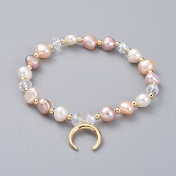Seashell Color Charm Bracelets, with Natural Cultured Freshwater Pearl Beads, Glass Beads, Brass Round Spacer Beads and Brass Pendants, Crescent Moon, with Burlap Bags, Seashell Color, 2-1/8 inch(5.3cm)