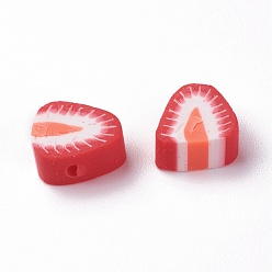 Roja Abalorios de la arcilla de polímero hechos a mano, rodaja de fresa, rojo, 9.5~12x9.3~10x5~5.5 mm, agujero: 1.8 mm