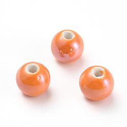 Orange Handmade Porcelain Beads, Pearlized, Round, Orange, 10mm, Hole: 2~3mm