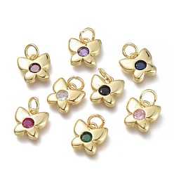 Mixed Color Brass Micro Pave Cubic Zirconia Pendants, with Jump Rings, Butterfly, Real 18K Gold Plated, Mixed Color, 9x10x2mm, Hole: 3.6mm