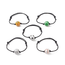Motifs Mixtes Bracelet en perles sur le thème du sport en bois naturel teint, bracelet réglable en coton ciré pour femme, motifs mixtes, diamètre intérieur: 2-3/8 pouce (6 cm)