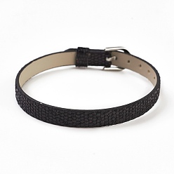Noir Bracelet en cuir pu, ceinture de montre, Fit charms slide, avec des agrafes de fer, platine, noir, 8-5/8 pouce (22 cm), 7.5x1.5mm