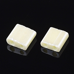Light Yellow 2-Hole Opaque Glass Seed Beads, Lustered, Rectangle, Light Yellow, 5x4.5~5.5x2~2.5mm, Hole: 0.5~0.8mm