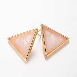 Rose Quartz Triangle Brass Rose Quartz Stud Earrings, 23x26.5x3.5mm, Pin: 0.8mm