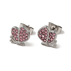 Light Rose Rhinestone Butterfly Stud Earrings with 316 Surgical Stainless Steel Pins, Stainless Steel Color Plated 304 Stainless Steel Jewelry for Women, Light Rose, 9x9mm, Pin: 0.7mm