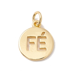 Real 18K Gold Plated Brass Charms, with Jump Ring, Lead Free & Cadmium Free, Flat Round with Word Fe, Real 18K Gold Plated, 14.5x12x1.4mm, Hole: 3.2mm