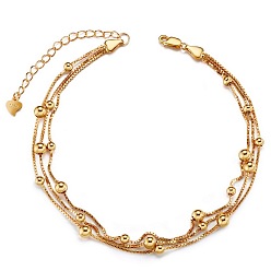 Real 18K Gold Plated SHEGRACE 925 Sterling Silver Multi-strand Anklet, Box Chain with Beads, with S925 Stamp, Real 24K Gold Plated, 8-1/4 inch(21cm)