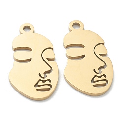 Golden Ion Plating(IP) 304 Stainless Steel Pendants, Manual Polishing, Abstract Face, Golden, 24x13x1mm, Hole: 2mm