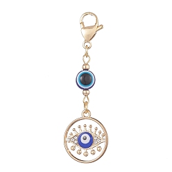 Flat Round Evil Eye Alloy Enamel with Rhinestone Pendant Decoration, Resin Beads and 304 Stainless Steel Lobster Claw Clasps, Flat Round, 59mm