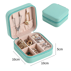 Cyan PU Leather Jewelry Box, Travel Portable Jewelry Case, Zipper Storage Boxes, for Necklaces, Rings, Earrings and Pendants, Square, Cyan, 10x10x5cm