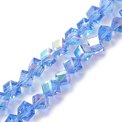 Blue Electroplate Transparent Glass Beads Strands, Faceted, AB Color Plated, Cube, Blue, 9x8.5x8.5mm, Hole: 1.4mm, about 72pcs/strand, 24.80''(63cm)