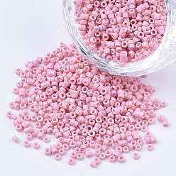 Pink Glass Cylinder Beads, Seed Beads, Baking Paint, Round Hole, Pink, 1.5~2x1~2mm, Hole: 0.8mm, about 8000pcs/bag, about 85~95g/bag