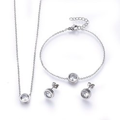 Stainless Steel Color 304 Stainless Steel Jewelry Sets, Pendant Necklaces & Stud Earrings & Bracelets, with Cubic Zirconia, Flat Round, Stainless Steel Color, 17.7 inch(45cm), 180mm, 9~10x4mm, pin: 0.8mm