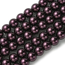 Purple Eco-Friendly Grade A Glass Pearl Beads, Pearlized, Round, Purple, 8mm, Hole: 1.2~1.5mm, about 52pcs/Strand, 16''(40.64cm)