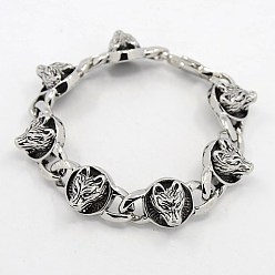 Antique Silver Fashionable Retro Jewelry 304 Stainless Steel Wolf Bracelets for Men, with Clasps, Antique Silver, 8-5/8 inch(22cm)