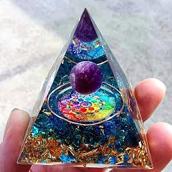 Colorful Orgonite Pyramid Resin Display Decorations, with Natural Amethyst Chips Inside, for Home Office Desk, Colorful, 60x60mm