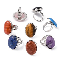 Mixed Stone Great Valentines Gifts Natural & Synthetic Mixed Stone Rings, with Platinum Brass Findings, Oval, Adjustable, Mixed Color, 18mm