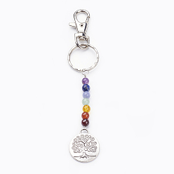 Mixed Color Tibetan Style Alloy Keychain, with Natural Gemstone Beads, Iron Key Rings and Alloy Swivel Lobster Claw Clasps, Flat Round with Tree of Life, Mixed Color, 137mm