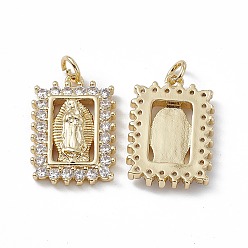 Real 18K Gold Plated Brass Clear Cubic Zirconia Pendants, with Jump Ring, Rectangle with Virgin Mary Charms, Real 18K Gold Plated, 21.5x14.5x3mm, Hole: 3mm