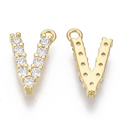 Letter V Brass Micro Pave Cubic Zirconia Charms, Nickel Free, Letter, Clear, Real 18K Gold Plated, Letter.V, 13.5x8.5x2.5mm, Hole: 1.2mm