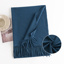 Marine Blue Polyester Neck Warmer Scarf, Winter Scarf, Tassel Wrap Scarf, Marine Blue, 1900x700mm